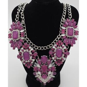 Beautiful Statement Piece w/ Fuchsia Stones on Silvertone Chain #0106‎